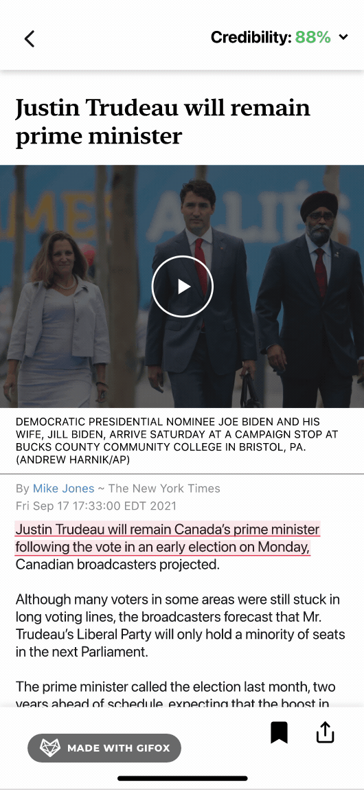 CredElection article view showing a credibility score and inline bias highlights