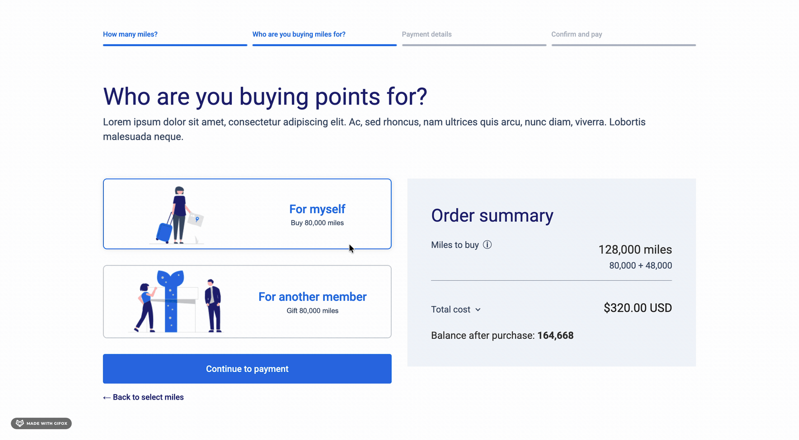 Who are you buying points for — buy for myself or gift to another member