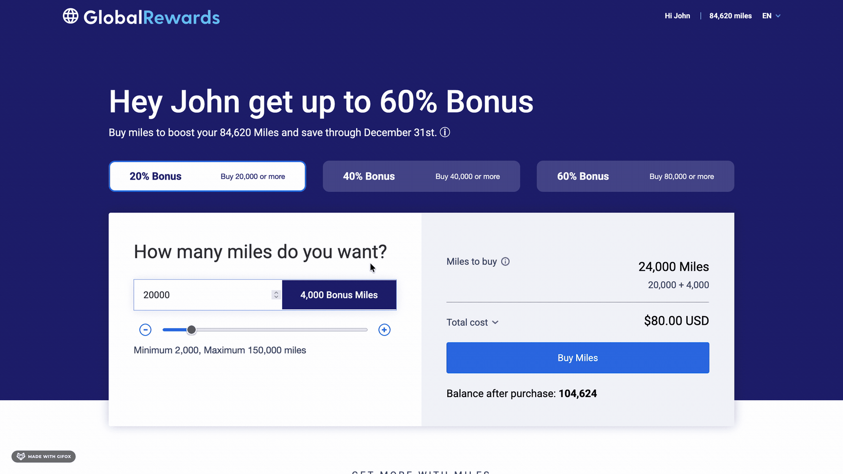 Buy miles hero — selecting a promotion and amount